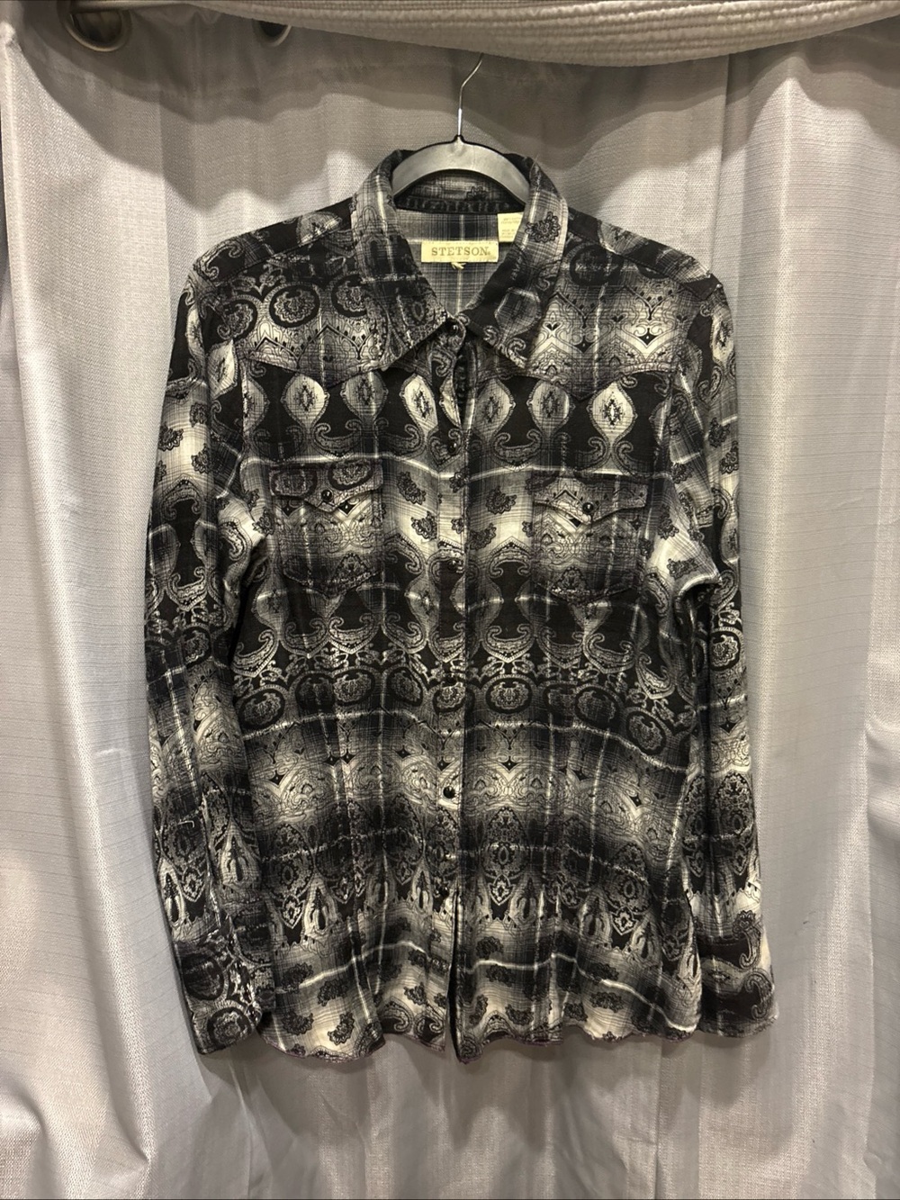 Stetson Women’s Retro Pearl Snap Black/ Cream Western Blouse Size Med. Rodeo EUC